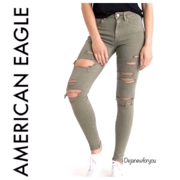 American Eagle Green Distressed High Rise Jegging Jeans Size 4/27 - Picture 1 of 7